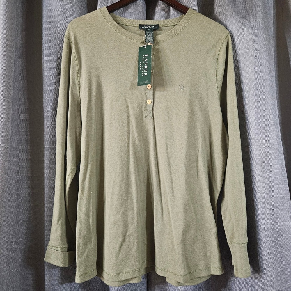 Lauren Ralph Lauren Womens 1X Cactus Green Henley Long Sleeve Ribbed Cotton Top